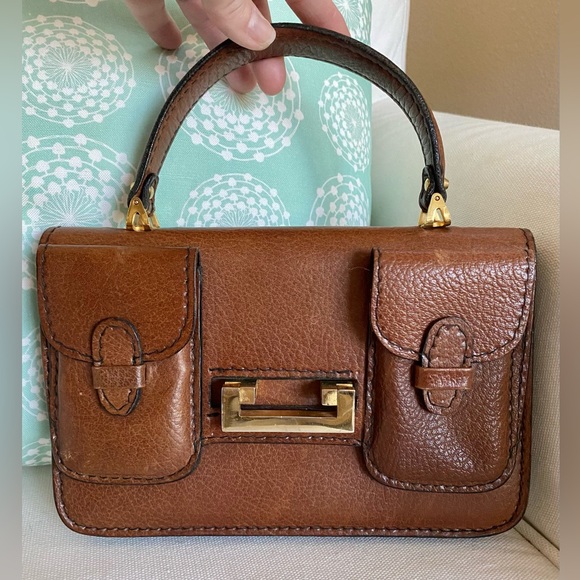Vintage 1970s Italian Leather Small Brown Satchel Handbag w Gold Tone Hardware - Picture 1 of 12
